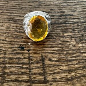 Vintage Silver Ring with Citrine Colored Gemstone Ornate Engraved Band | Size 8